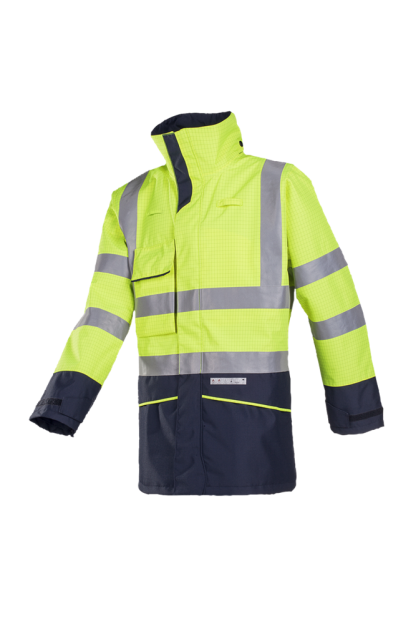 Werkjas, Parka . antistatisch, brandvertragend, reflecterend geel.